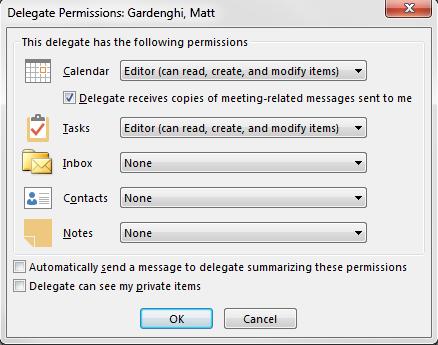 5. In the Delegate Permissions dialog box, select the access levels for Exchange folders and click Ok. 6.