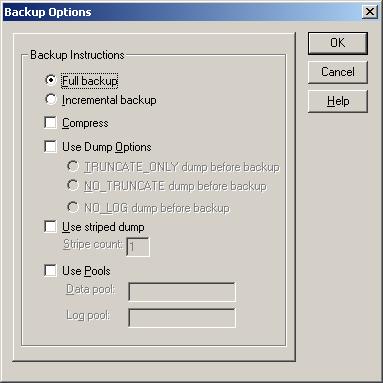 Backup Procedures Figure 4 Backup Options dialog box in NetWorker User for Sybase 8. In the Backup Options dialog box, select the required options and click OK.