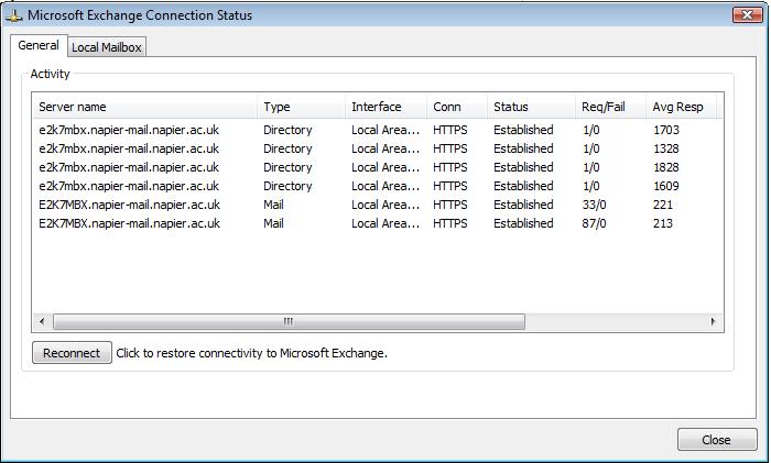 Connection Status To view detailed information about your connection to the Exchange server, hold the control key [Ctrl] and right click the Outlook system tray icon.