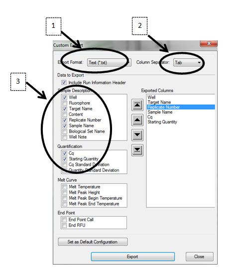 4. Select Export Format and txt files (1). The column separator should be set to Tab (2).
