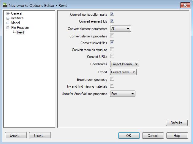 Appendix A: NWC Exporter Settings: The window below shows settings that will provide all of the data needed from the Revit model to easily setup the Clash detections in Navisworks.
