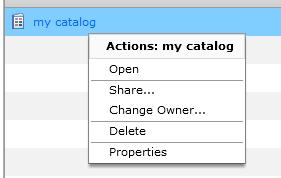 (owner, sharing, etc.). The menu also allows you to delete the selected catalog. 4.