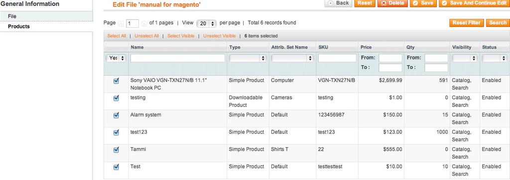 Status you can specify the status of a file (enabled/disabled) Products tab allows you to assign files to any products: Here you can filter product using standard Magento functionality, choose