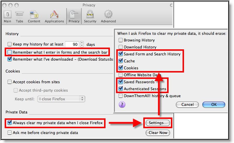Image 21: Privacy Settings for History and Private Data (Firefox for Mac) 1. 2. 3. 4. Set the Private Data settings to Always Clear Private Data on browser close. Click Settings.