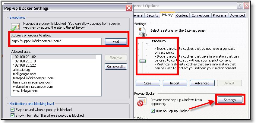 Image 6: Privacy Settings for Pop-Ups (IE) 1. 2. 3. The privacy setting for the Internet zone should be set to Medium.