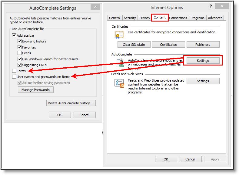 Image 7: Content Settings for Auto-Complete (IE) 1. 2. 3. 4. Click the Settings button of the AutoComplete section.