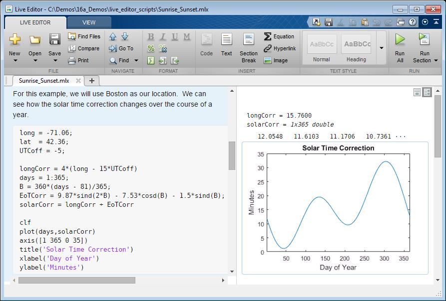 MATLAB Live Editor Change the way you work in MATLAB See results together with the code that produced them, accelerating exploratory programming analysis Add equations,