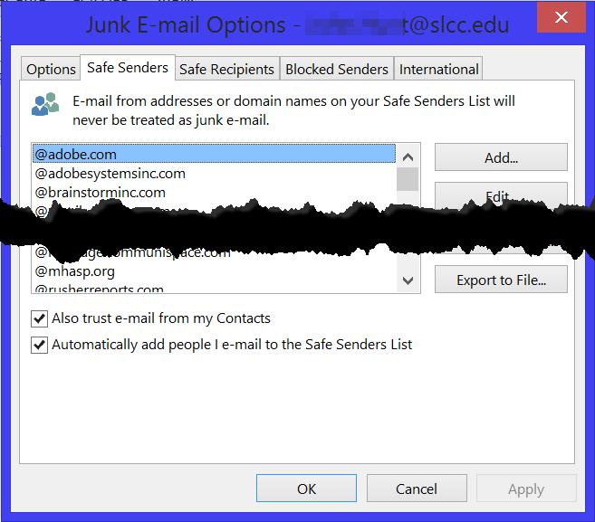 The other 3 tabs in the Junk E-mail Options dialog box represent the 3 E-mail Filter Lists; Safe Senders, Safe Recipients, and Blocked Senders.
