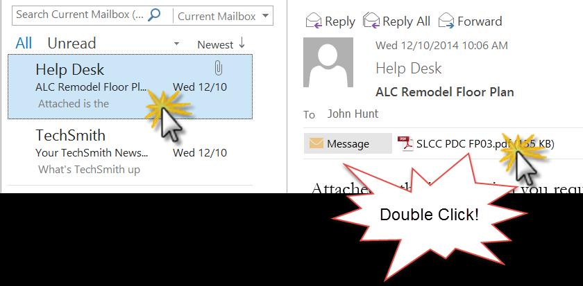 To Preview an attachment without opening the e-mail: Click on the e-mail containing the attachment in the Folder Contents pane. Single Click on the e-mail attachment.