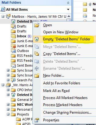 10. Click the Delete (X) button on the Tool Bar. This will move all selected items to the Deleted Items folder. Cleaning the Deleted Items Folder 11.