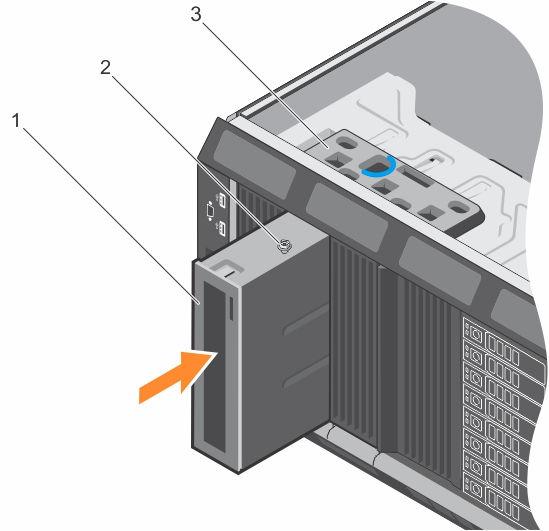 Figure 48. Installing the optical drive or tape drive 1. optical drive/tape drive 2. guide 3.