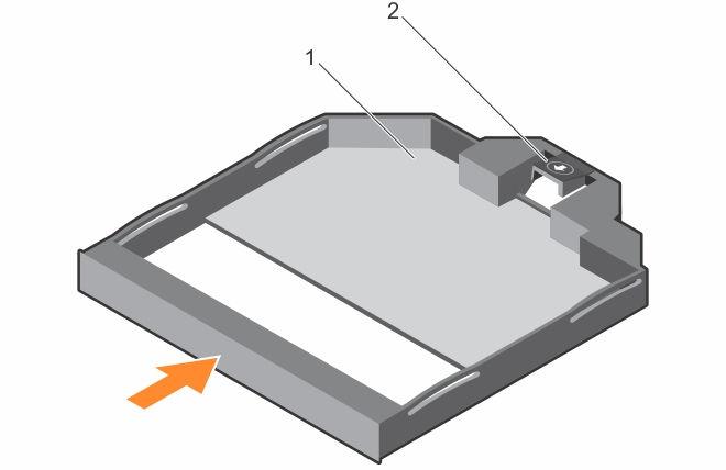 Figure 50. Installing the slim optical drive blank 1. slim optical drive blank 2.