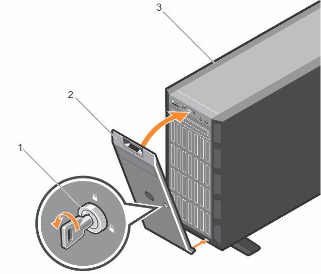 Figure 16. Installing the front bezel 1. bezel key 2. bezel 3. system Removing the optional front bezel System feet The system feet provide stability to the system in the tower mode.