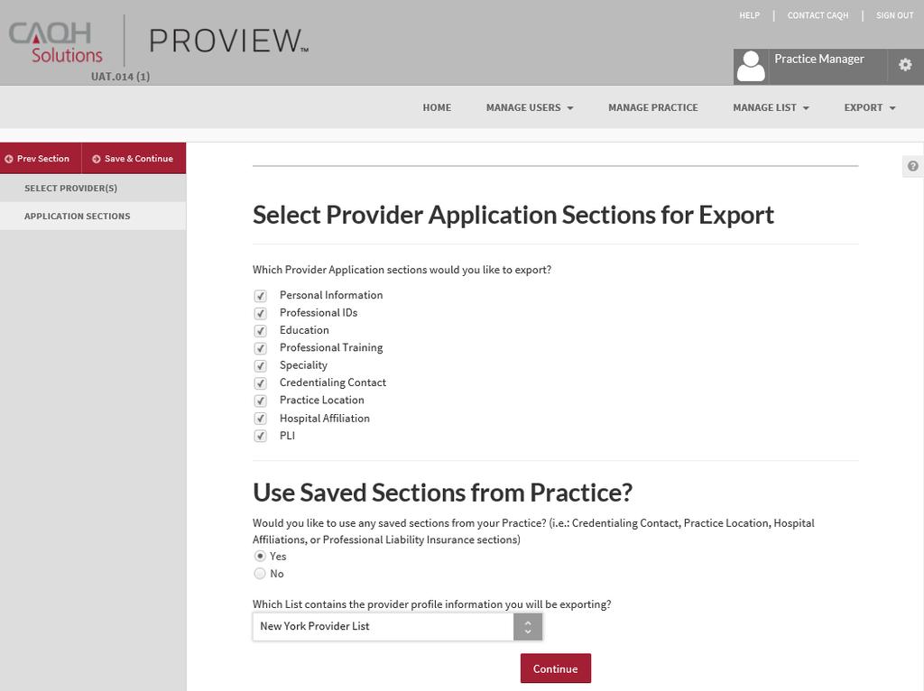 Select Sections for Export The second step to the export process is to select the sections for export.