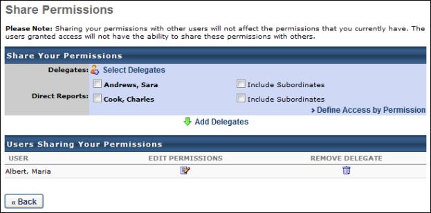 Share Permissions - Add Delegates On the Share Permissions page, clicking the Add Delegates link delegates all of the available permissions for all of the manager's selected direct reports to the