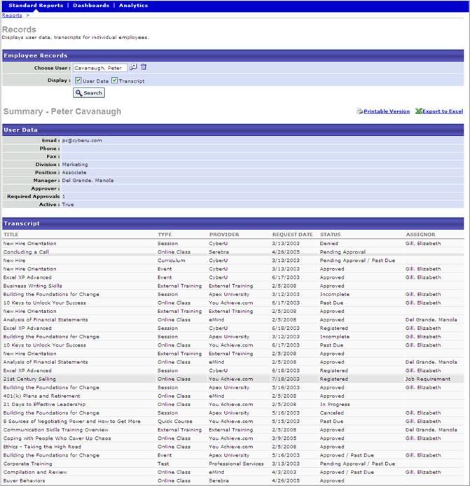 Records Report Display user data and transcripts for direct and indirect reports.