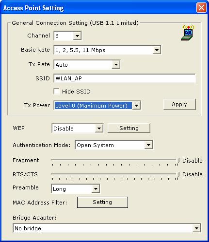 6.5.2 AP General Connection Setting Click More Setting, users are allowed to setup the AP connection setting, Encryption Setting and other advanced functions.
