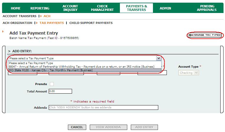 10. After selection of the tax form, the screen will refresh and display all the fields