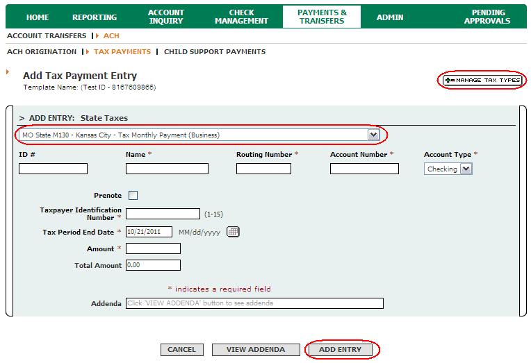 9. After selection of the tax form, the screen will refresh and display all the fields relative to that particular tax form.