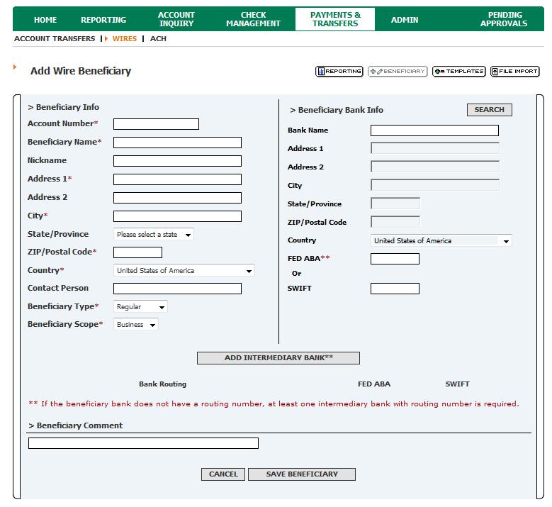 c. From the Bank Lookup Results page, select the appropriate bank name and click Insert Bank Info to insert the information into the new transfer page.