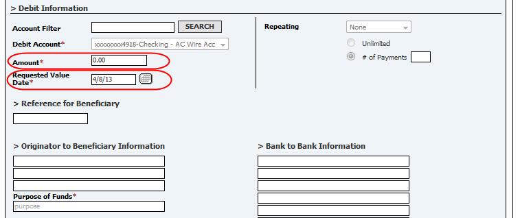 When the wire transfer is ready, click Submit Wire. On the next screen, click Cancel to cancel the Wire Transfer and to return to the main Wire Transfers screen.