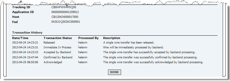 To actually view the sequence or Fed Reference number of a completed Wire Transfer, click the magnifying glass next to the item. This displays the full detail around the wire.
