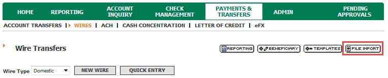 To use File Import navigate to Payments & Transfers > Wires > File Import button.