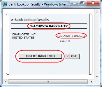 The bank information will then populate into the beneficiary bank info fields.