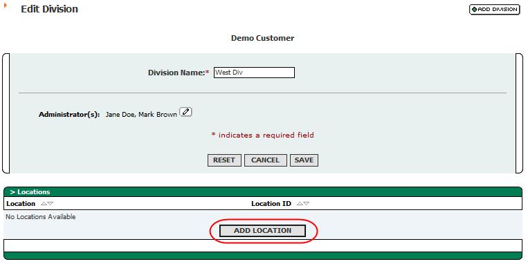 To add Locations to a division, user must navigate to Admin > DIVISIONS.