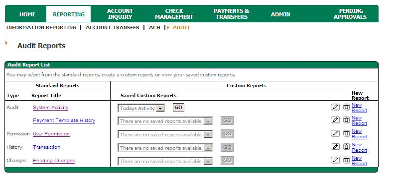Audit Reports A variety of reports are available to assist Company to view User permissions and activity. These reports are available by navigating to Admin > Audit Reports.
