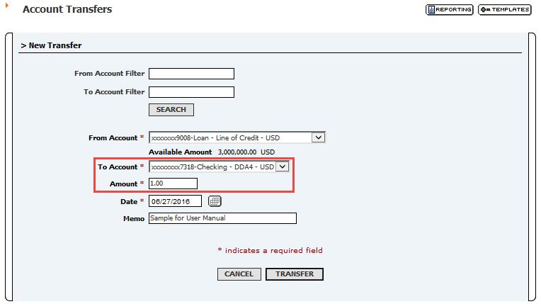 Select the account to which the advance is being made. Determine Amount for advance. Confirm or update the Date field and click TRANSFER to submit the loan advance.