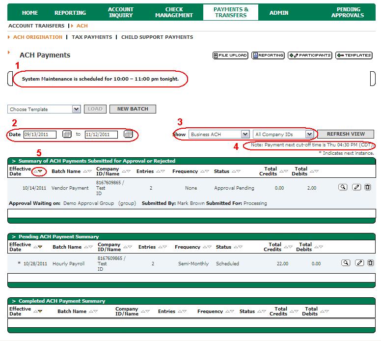 ACH PAYMENTS PAGE This page displays a high-level summary of ACH activity (Submitted for Approval or Rejected, Pending, and Completed).