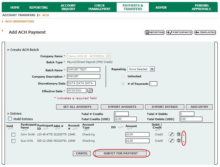 10. Click Cancel to cancel the ACH batch completely and to return to the ACH Payment
