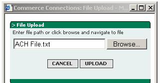 Click the Browse button to locate the NACHA-formatted file and click Upload. If the file Upload was successful, the ACH File Upload Report will display.