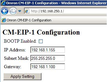 Section 3: EtherNet/IP Adapter Setup The CM-EIP-1 is assigned a default IP address of 192.168.250.1. The IP address can be changed using a web browser pointed to the IP address of the adapter.