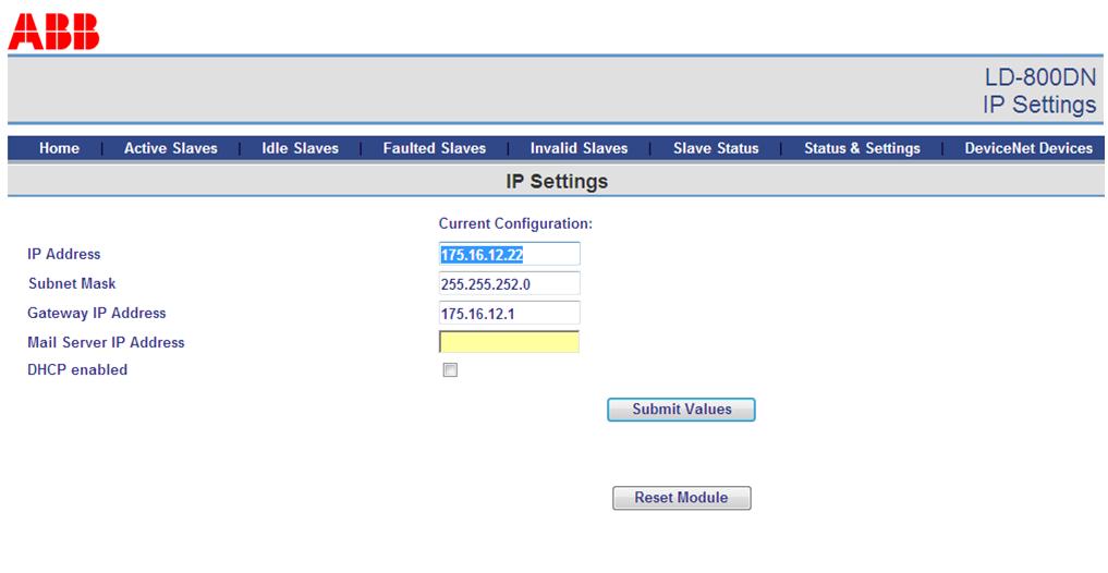 Section 6 Linking Device LD 800DN Status & Settings Web Page Once the user provides a valid user account, the IP Settings screen is displayed, as shown in Figure 49. Figure 49. Changing IP Settings 2.