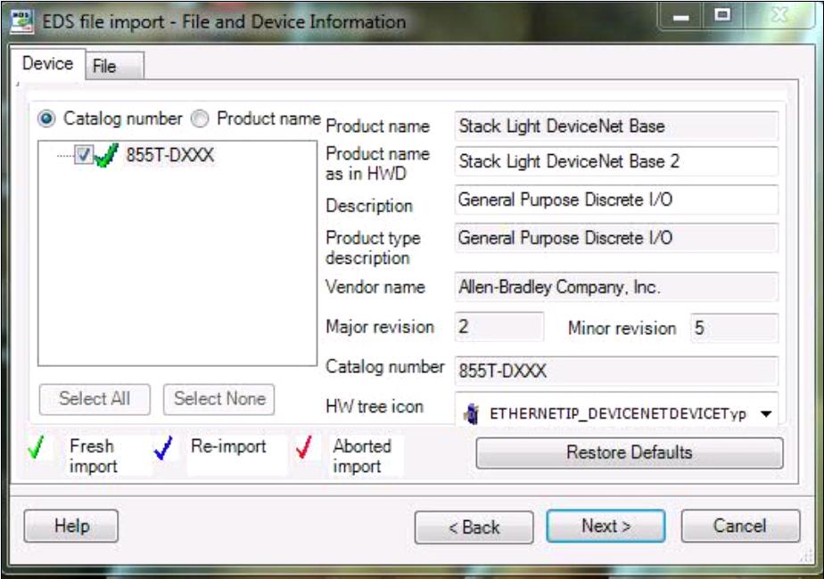 Section 3 Device Import Wizard Device Figure 14. Device Tab with Catalog Number option chosen (Non-Modular I/O) The tree view has check mark icons beside the product names/catalog numbers.
