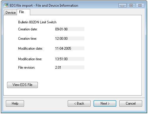 Section 3 Device Import Wizard File File The File tab, as shown in Figure 15, displays the details of the EDS file. They are: Creation date and time. Modification date and time.