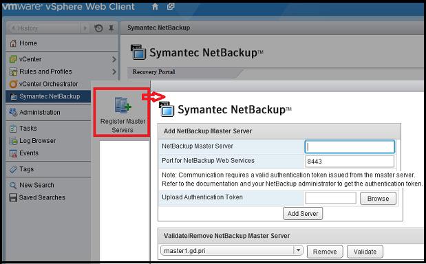 Installing the NetBackup plug-in for vsphere Web Client Configuration overview for the NetBackup Recovery and Instant Recovery Wizards 40 4 Click Register Master Servers.
