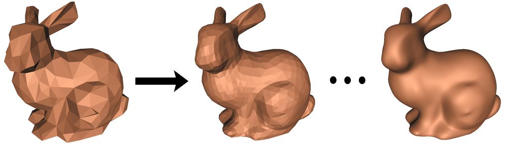 Figure 9: Subdivision of a bunny composed entirely of triangles using the factored Loop subdivision method. Initial mesh (left). Subdivided once (middle). Final smooth surface (right).