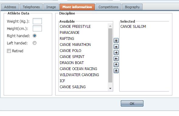 This button allows you to place any selected discipline assigned to the athlete (right window) at the top of the list.