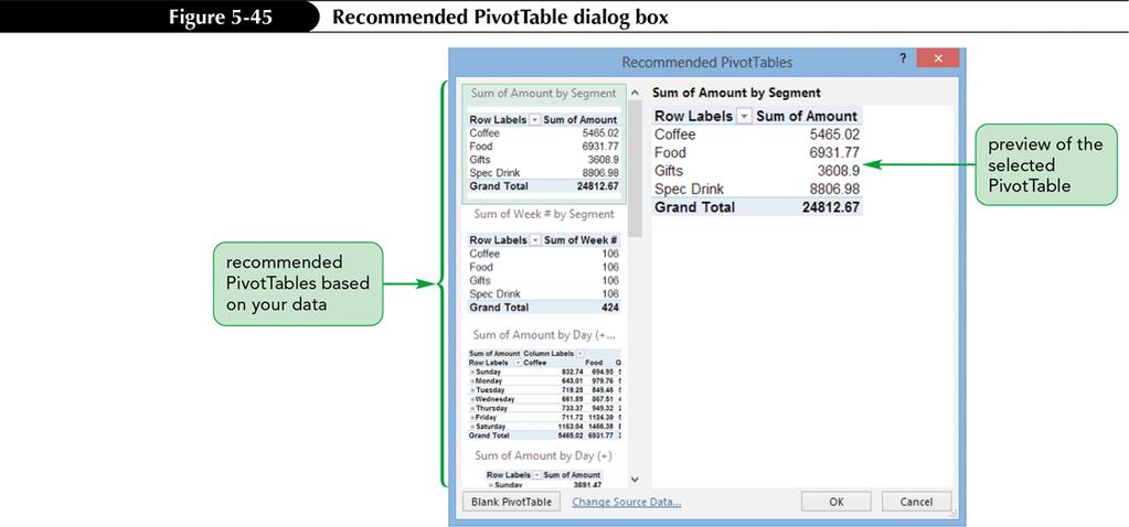 Creating a Recommended PivotTable The Recommended PivotTables dialog box previews PivotTables based