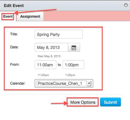 Calendar: Adding An Event I In Calendar, instructors and students can view the due date for all course events and assignments.