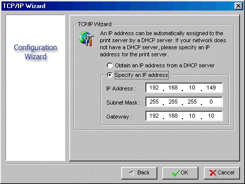 The PSAdmin Utility for Windows-based 3 In the IP Address option, type an IP address for the print server. The IP address must meet the IP addressing requirements of the network segment.