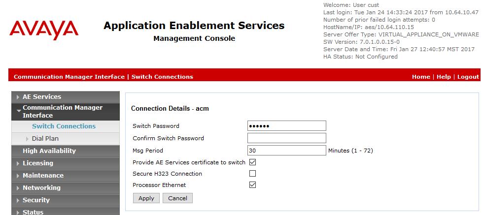 6. Configure Avaya Aura Application Enablement Services Configuration of AES requires a user account be configured for Qfiniti Observe and CTI/TSAPI configuration for Communication Manager.