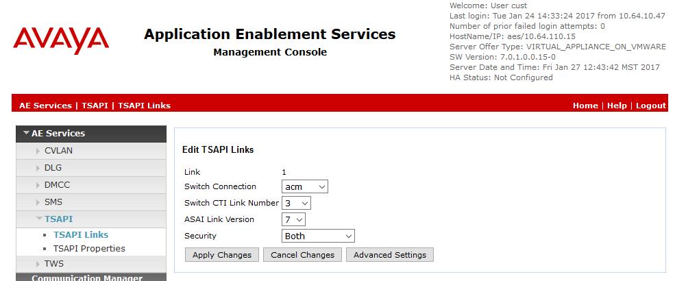 6.2. Add TSAPI Link Navigate to the AE Services TSAPI TSAPI Links page to add a TSAPI CTI Link.