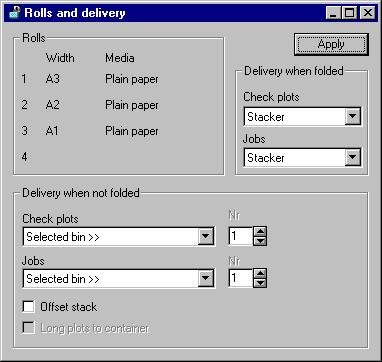 Specifying output delivery 1 From the Configure menu, choose Rolls and delivery. The Rolls and delivery dialog box appears: 3166-144 [18] Rolls and delivery dialog box.