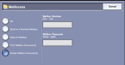 Select the Mailbox Passcode entry field and enter the 4-digit mailbox passcode. 4. Load the originals and select Start.
