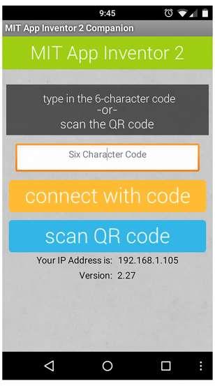 Open the AI2 Companion app on your device by clicking on the app icon. A screen (like the one shown below) will appear with the option to scan the QR code or type in the six character code.