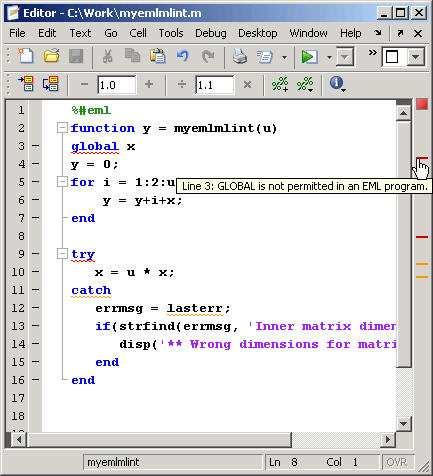 M-Lint Supports Embedded MATLAB Problem How do I know my MATLAB function is compatible with the Embedded MATLAB subset?